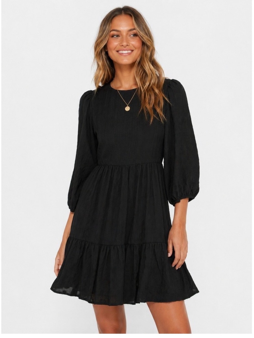 Madewell Black Puff-Sleeve Tiered Mini Dress